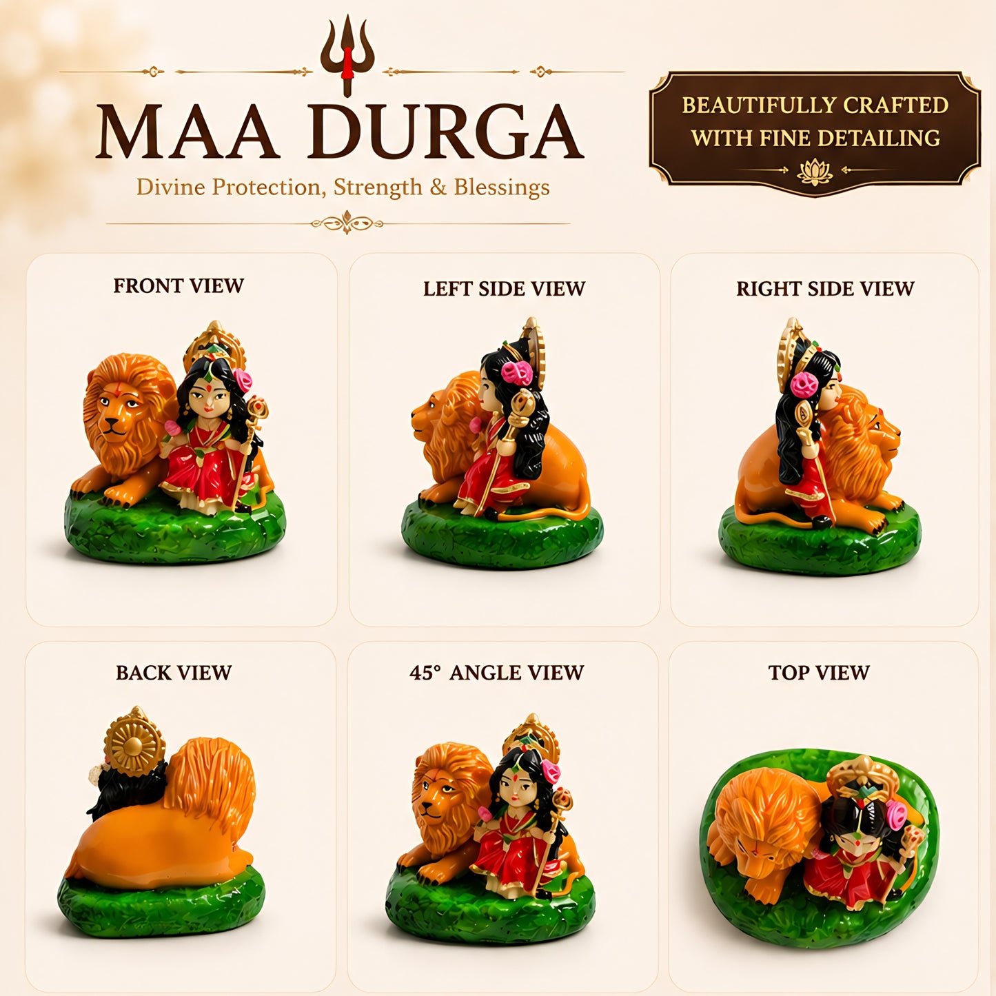 Maa Durga Idol with Lion Resin Statue for Home Temple, Pooja Room & Spiritual Decor