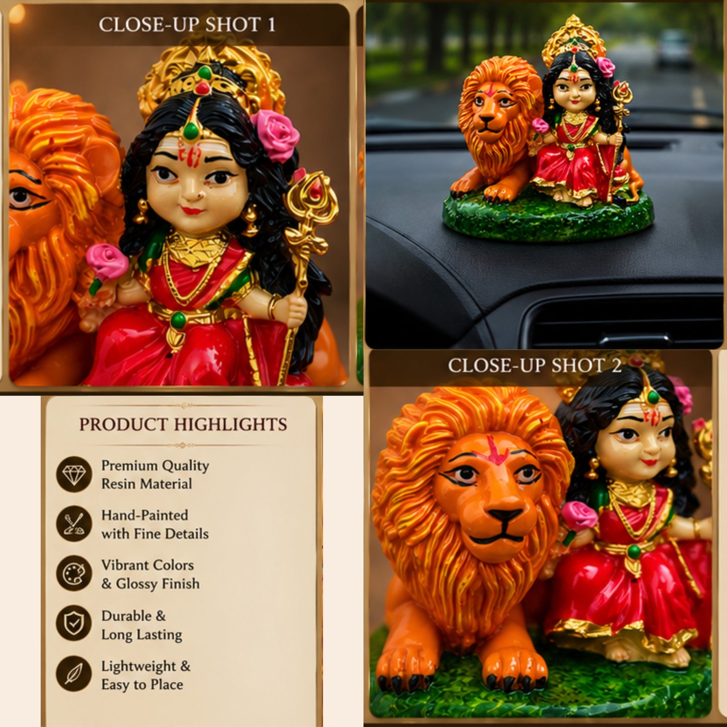Maa Durga Idol with Lion Resin Statue for Home Temple, Pooja Room & Spiritual Decor