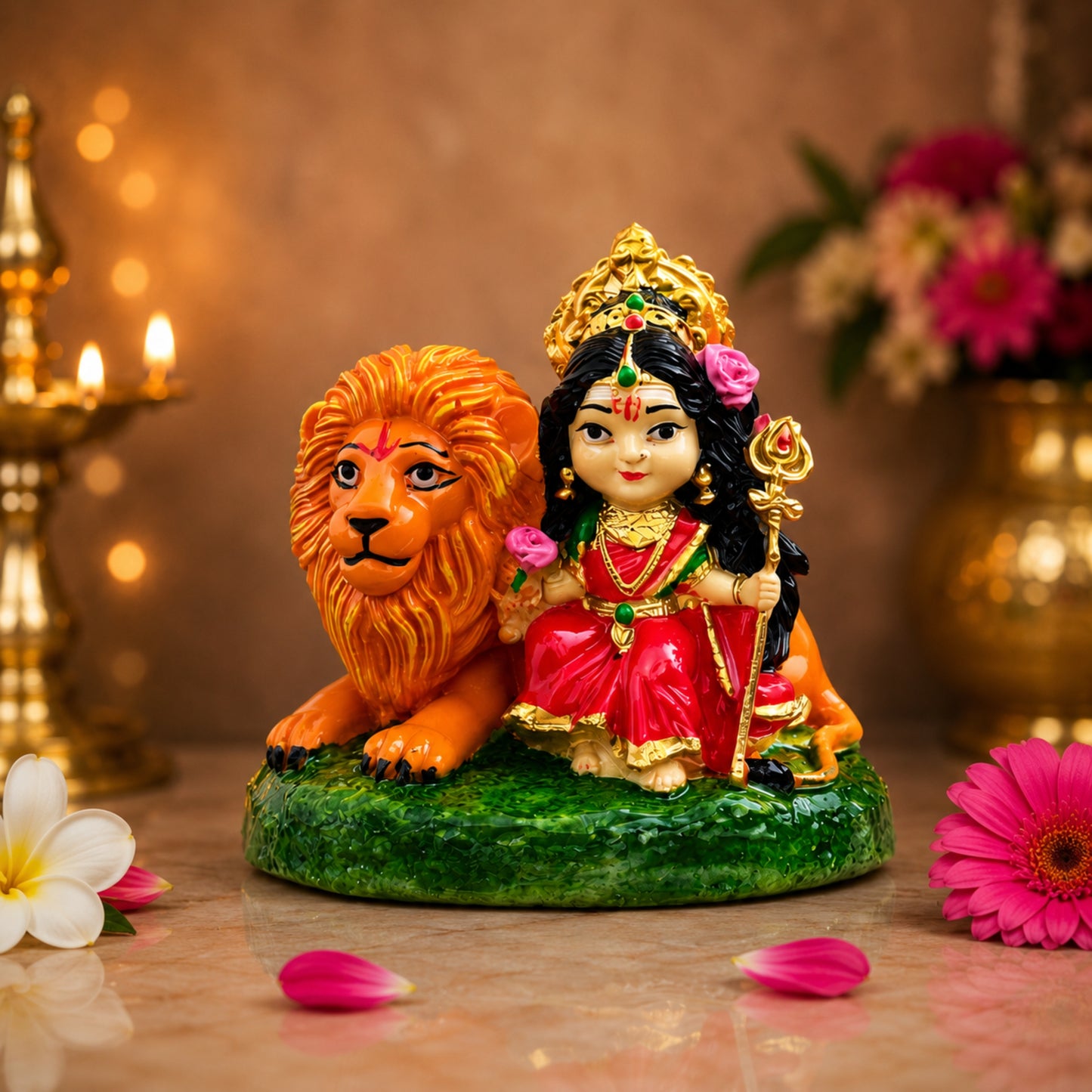 Maa Durga Idol with Lion Resin Statue for Home Temple, Pooja Room & Spiritual Decor