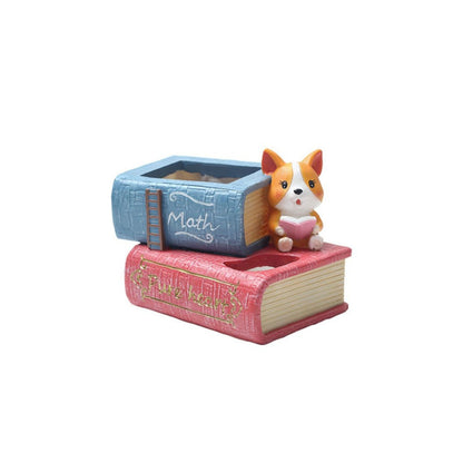 Decorative book shaped planter pot with cute cat figurine