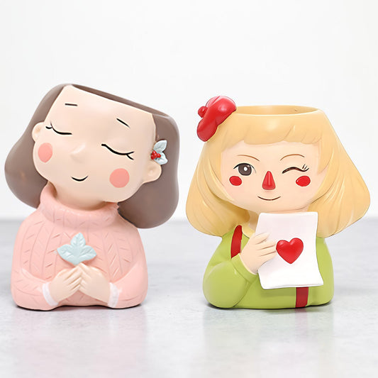 Cute Girl Face Planter Pot Set | Decorative Resin Succulent Planters