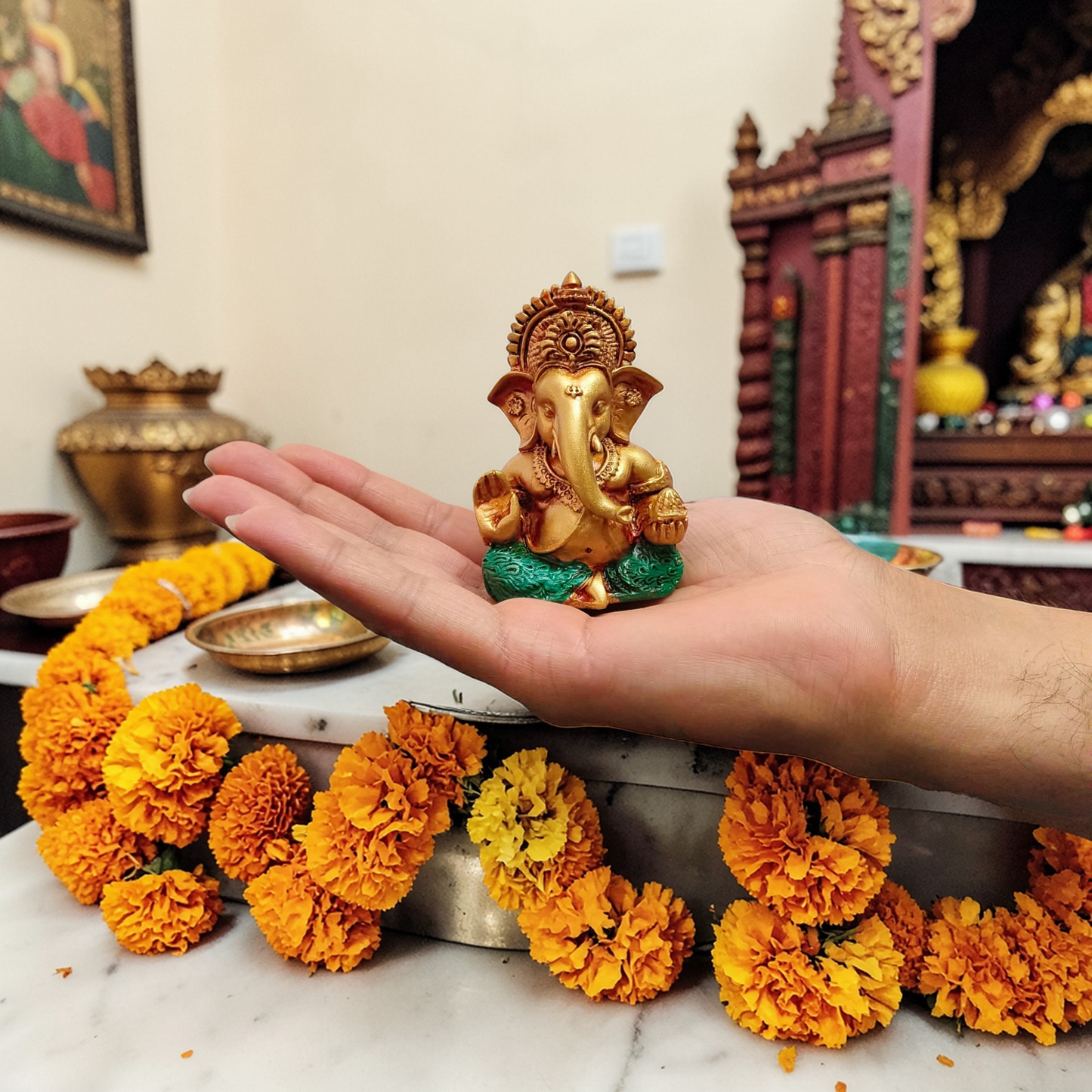 Golden Ganesha Idol Resin Ganpati Murti for Home Temple & Spiritual Decor