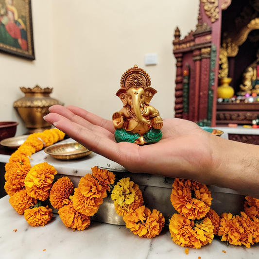 Golden Ganesha Idol Resin Ganpati Murti for Home Temple & Spiritual Decor