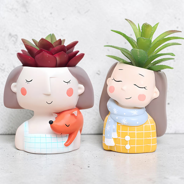 Cute Girl Succulent Planter Set | Decorative Resin Flower Pot Combo