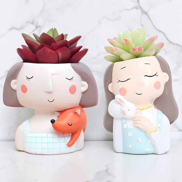 Cute Resin Girl Planter Combo | Indoor Plant Pots for Home Decor