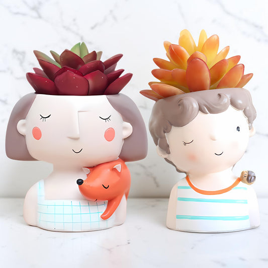 Cute Boy & Girl Succulent Planter Set | Decorative Resin Flower Pots