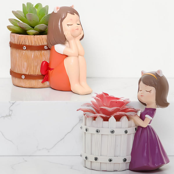 Cute Girl Planter Pot Combo Set | Decorative Succulent Planters for Home