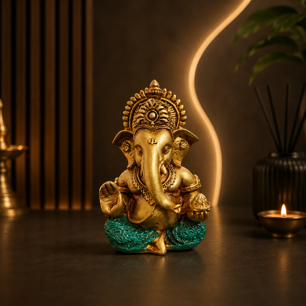 Golden Ganesha Idol Resin Ganpati Murti for Home Temple & Spiritual Decor